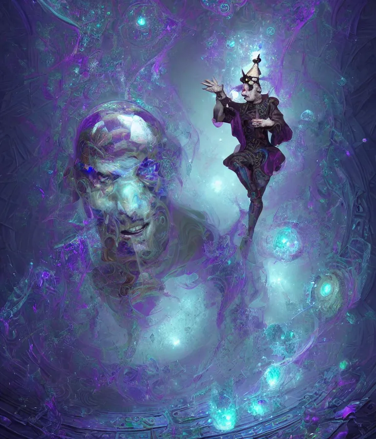 Image similar to front!!! shot of a court jester!!! character, mesmerizing fractal hypercubes, dark holography!!!, future, oil slick nebula, crystalline edges, (((intricate))), elegant, highly detailed, centered, (((artstation, concept art, smooth, sharp focus, artgerm, Tomasz Alen Kopera, Peter Mohrbacher, donato giancola, Joseph Christian Leyendecker, WLOP, Boris Vallejo))), ((raytracing)), mugshot!!!!!, ugly!!!!!!, octane render, nvidia raytracing demo, octane render, nvidia raytracing demo, octane render, nvidia raytracing demo, grainy, muted, 8K, digitalblasphemy, metatron