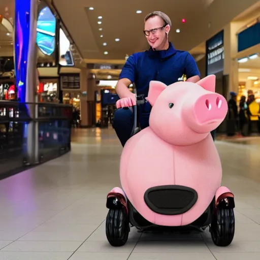 Prompt: photo of a anthropomorphic pig on a mobility scooter in a mall