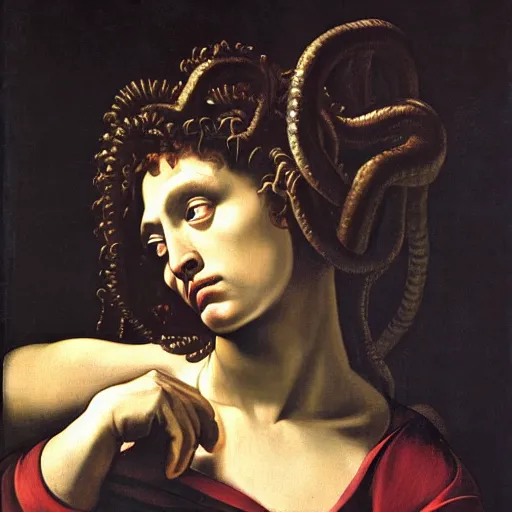 Image similar to Caravaggio-style portrait of Medusa