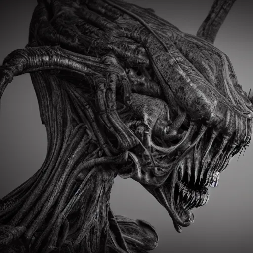 Image similar to a dark creature in giger style, octane render, 4k, detailed, unreal engine 5,