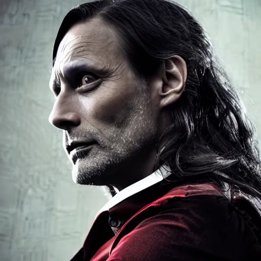 Prompt: mads mikkelsen as a vampire, male, late - 4 0 s aged, very long hair, slicked black hair, red eyes, clean shaven, wearing a cape, regal, royal, grim facial expression, high medieval fantasy, full color digital art, cinematic shot, portrait, wide shot.