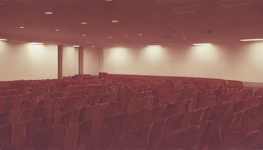 Image similar to 60s movie still of a sovietic stalinist style empty wide ballroom with chairs, cinestill 800t 50mm eastmancolor, liminal Space style, heavy grain-s 150