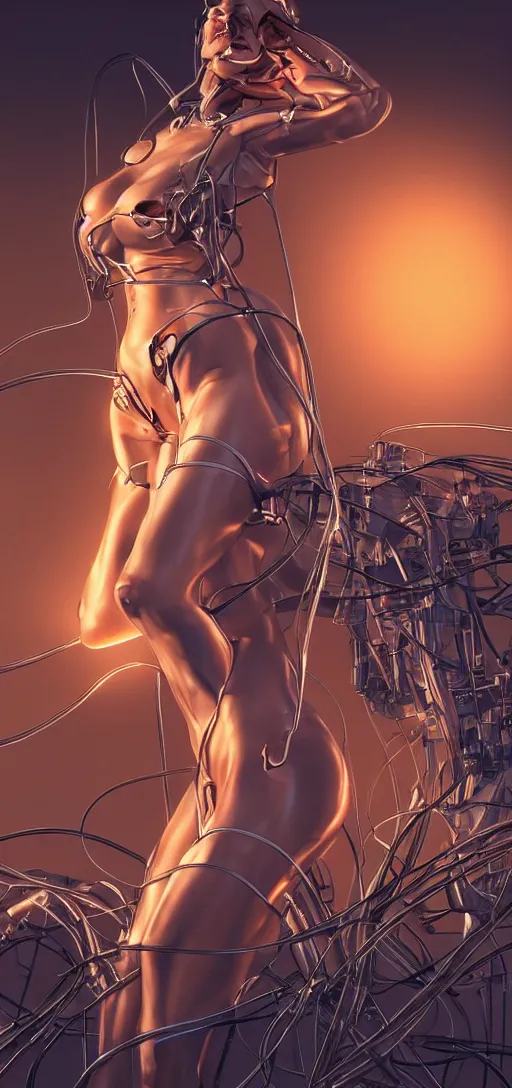 Prompt: beauty woman emerging from wires and digital displays, very detailed, dramatic lighting, mechanical details, electrical details, high details, 4k, 8k, trending on artstation, by Hajime Sorayama and Boris Vallejo