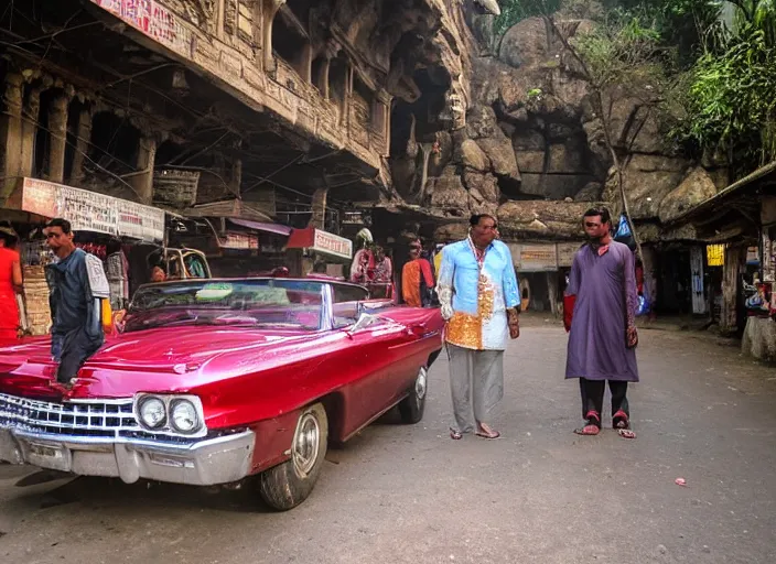 Image similar to a couple are in a chevrolet impala at kamakhya temple, guwahati city ; headlights of a car shine on a strange canyon road, she looks at him with a strange look in her eyes, it's the dead of night, in a distance the lights of a city light the night's sky