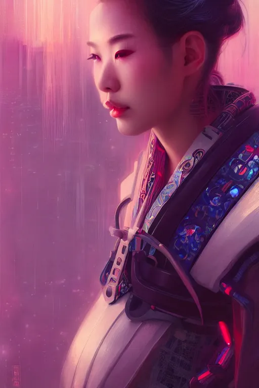 Image similar to portrait futuristic Samurai Girl, in future cyberpunk tokyo rooftop , ssci-fi, fantasy, intricate, very very beautiful, elegant, human anatomy, neon light, highly detailed, digital painting, artstation, concept art, smooth, sharp focus, illustration, art by tian zi and WLOP and alphonse mucha