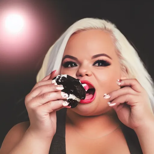 Prompt: trisha paytas eating ice cream, shallow depth of field, bokeh, anamorphic lens flare, 8k, hyper detailed, 35mm
