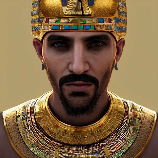 Image similar to a man in egyptian clothing wearing rings and jewlery on his neck, 8k resolution, serene, photorealistic, digital art, hyperdetailed, Unreal Engine, dynamic lighting, ultra detailed, trending on art station, concept art, stunning visuals, extreme detail