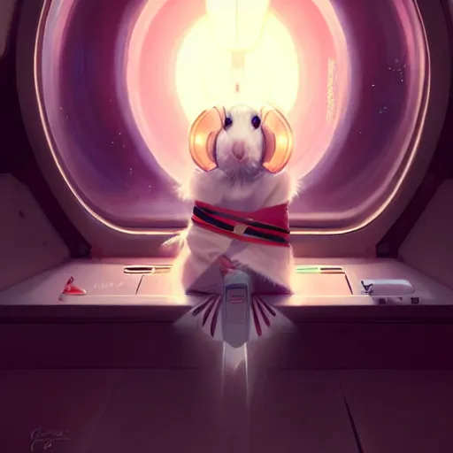 Image similar to cute anthropomorphic cyborg guinea pig full in kimono in a spaceship, body portrait, divine lightning, by greg rutkowski, by charlie bowater