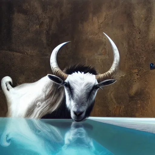 Image similar to wide angle of a nightmare goat in a swimming pool, highly detail, ultra realistic, art by hr giger, 4 k