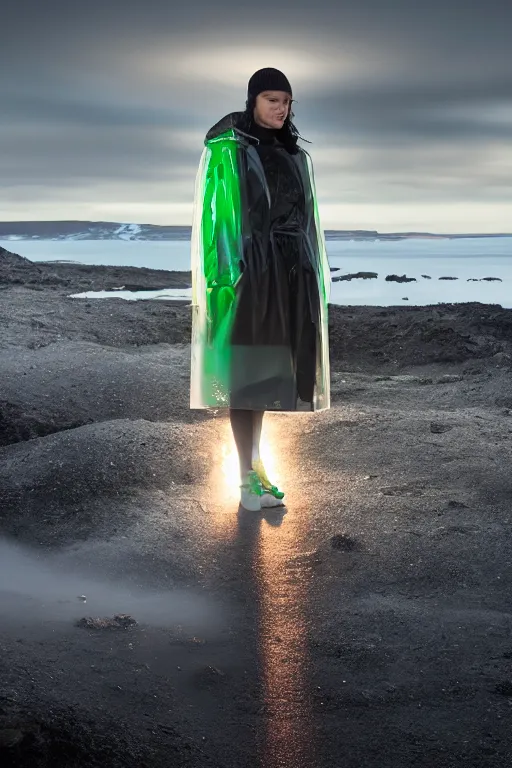 Image similar to an ultra high definition professional high fashion portrait studio full length photograph of a model wearing a transparent pearlescent raincoat and neon visor in an icelandic black rock environment at dawn. no artefacts. extremely detailed. stark. refraction. shallow depth of field. volumetric light and shadow. ray tracing. light rays.