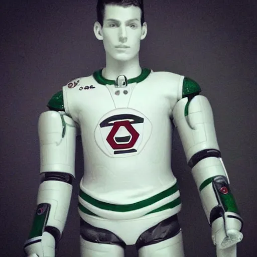 Image similar to “a realistic detailed photo of a guy who is an attractive humanoid who is half robot and half humanoid, who is a male android, Tyler Seguin, shiny skin, posing like a statue, blank stare”