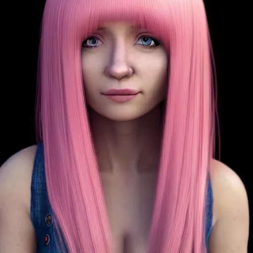 Image similar to A portrait of Nikki from Shining Nikki, a cute 3d cgi toon young woman with long pink hair, full bangs, hazel amber eyes, full face, light makeup, pale skin, Chinese, medium shot, mid-shot, soft focus, 4k, trending on artstation