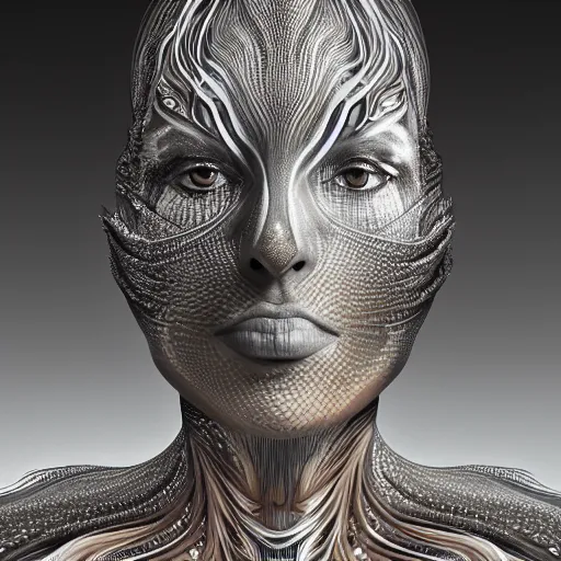 Prompt: queen of the galaxy by alex grey, zaha hadid, iris van herpen and rick owens. highly detailed, hyper - real, very beautiful, intricate fractal details, very complex, opulent, epic, mysterious, polished, futuristic design, trending on deviantart and artstation