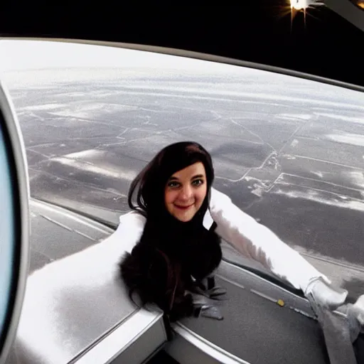 Image similar to a beautiful dark - haired girl flying home in her personal concorde