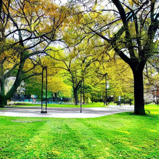 Prompt: a picture of a park in two halves. one half is dystopian colored, the other half is green and optimistically colored