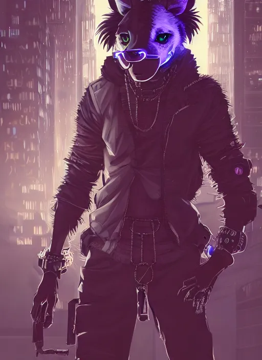 Image similar to character portrait of a male anthro hyena fursona with a tail and a cute beautiful attractive detailed furry face wearing stylish cyberpunk clothes in a cyberpunk city at night while it rains. hidari, color page, tankoban, 4K, tone mapping, Akihiko Yoshida. Nomax, Kenket, Rukis. comic book style, photorealistic, professional lighting, hyperdetailed, high resolution, high quality, dramatic, deviantart, artstation, 4k, real photo