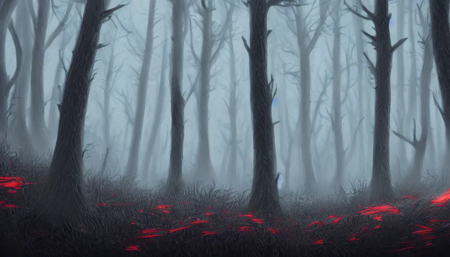 Prompt: a highly detailed illustration of a dark foggy pine forest, the tree barks filled with bright red eyes, style of alexandre chaudret, artstation, dark fantasy