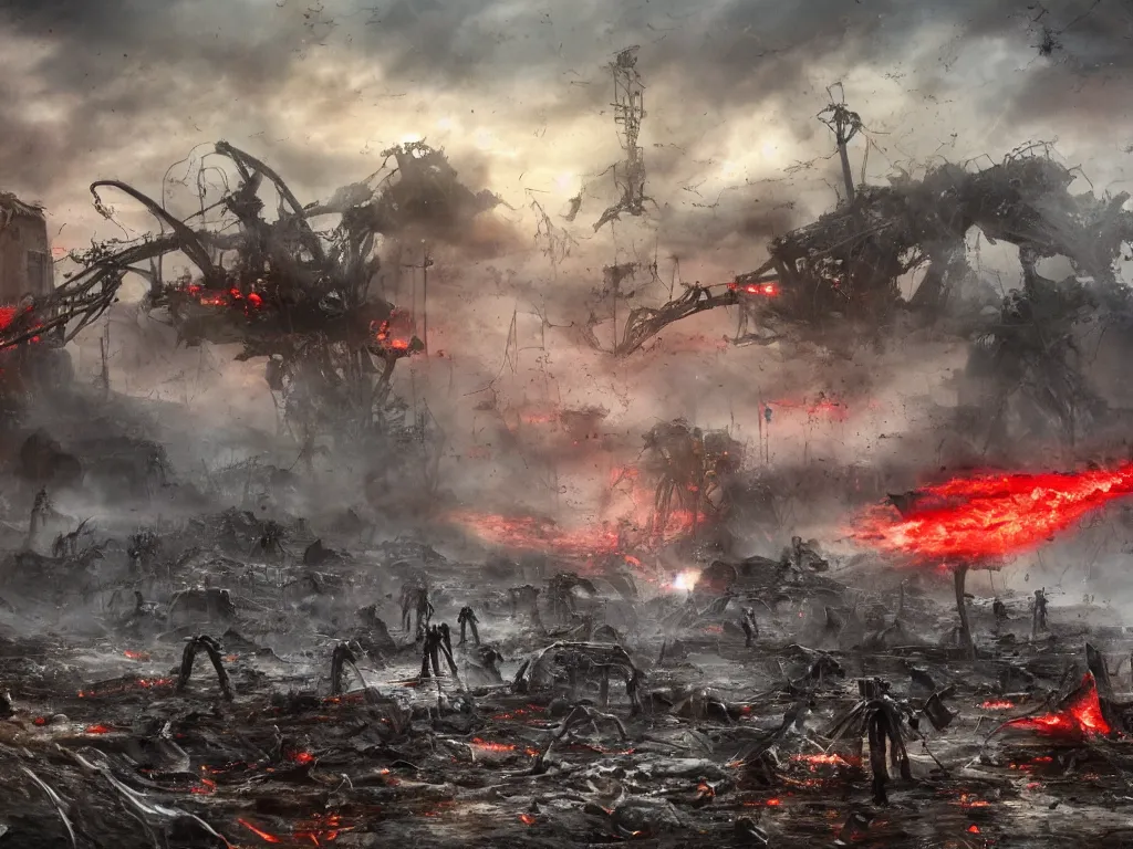 Image similar to landscape art of 8k ultra realistic war of the worlds walkers, destruction, full of colour, cinematic lighting, trending on artstation, 4k, hyperrealistic, focused, extreme details,unreal engine 5, cinematic, masterpiece, Edwardian, tripod, red weed, apocalyptic, demolition, heat ray, artillerymen, eve of war, dead london, invasion, art by Geoff Taylor