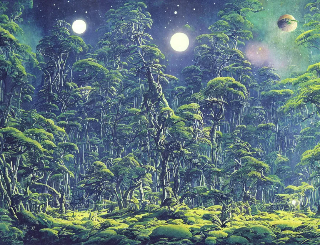 Image similar to a lush alien forest on a moon orbiting a gas giant!! by robert mccall