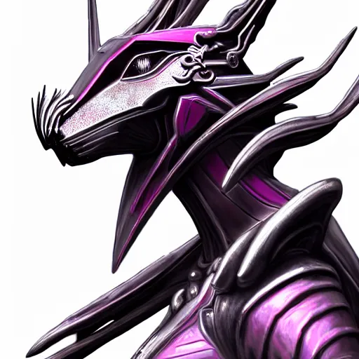 Image similar to extremely detailed bust shot of a goddess that's a giant beautiful stunning anthropomorphic robot female dragon, standing majestically over mountains, elegant pose, streamlined shiny silver metal armor, fuchsia skin below the armor, sharp metal claws, long elegant tail, detailed warframe fanart, high quality digital art, giantess art, furry art, warframe art, furaffinity, DeviantArt, 8k HD, octane render