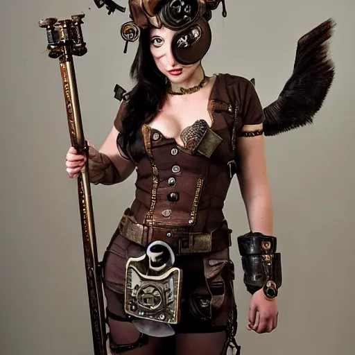 Image similar to full body photo of a cute skinny woman as a steampunk amazon warrior,