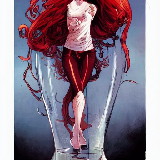 Prompt: a beautiful comic book illustration of a woman with long red hair and a white shirt in a standing in a glass machine by Jerome Opeña, featured on artstation