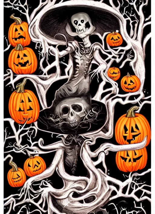 Prompt: a halloween scene with a ghost and pumpkins, an album cover by enguerrand quarton, behance contest winner, massurrealism, concert poster, macabre, poster art