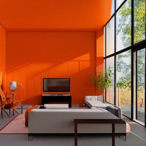 Image similar to interior of a house, modern minimal design, orange color scheme, vivid colors, photorealist, 4 k