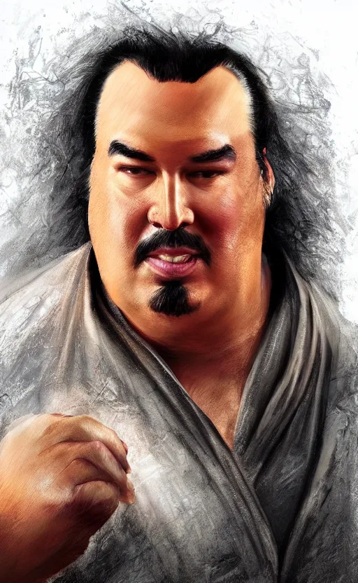 Prompt: fat steven seagal with wild hair and bright eyes. he's wearing a flowing bathrobe made of light, airy fabric and he has a mischievous look on his face, dynamic lighting, photorealistic fantasy concept art, trending on art station, stunning visuals, creative, cinematic, ultra detailed