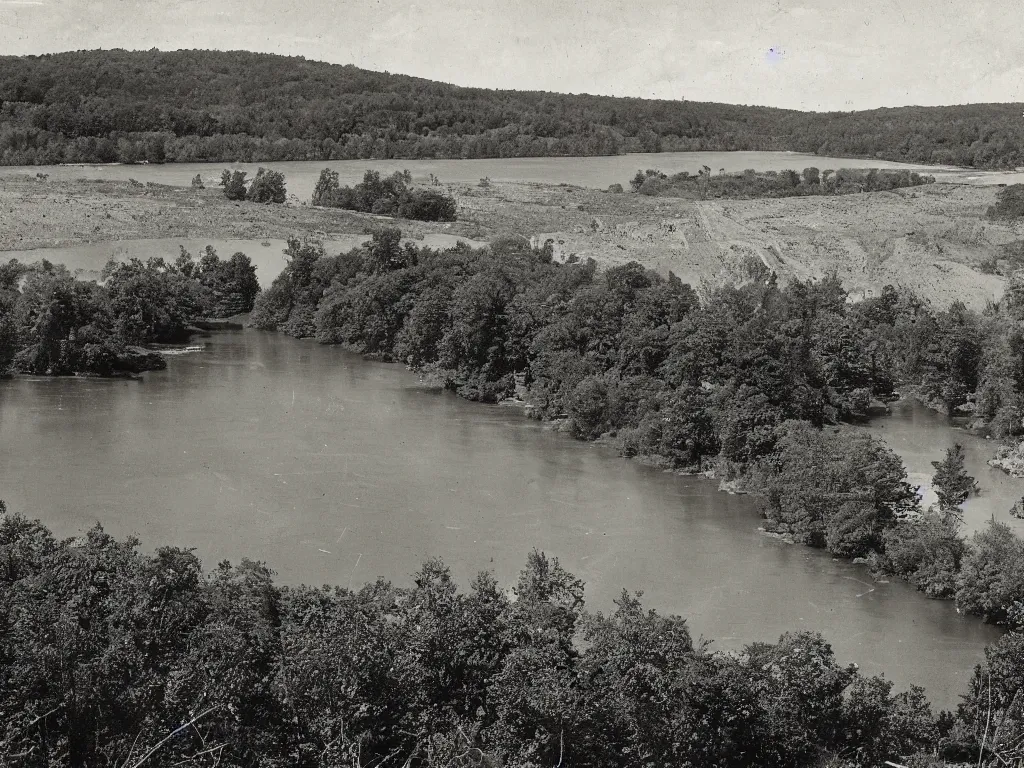 Image similar to photograph of a field by a dam and a river, new england