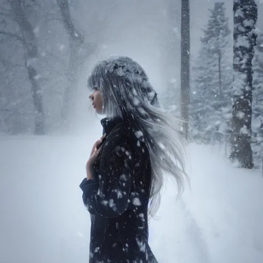 Prompt: an anime girl with white long hair in a snowy tundra, finely detailed, snow, beautiful, foggy,