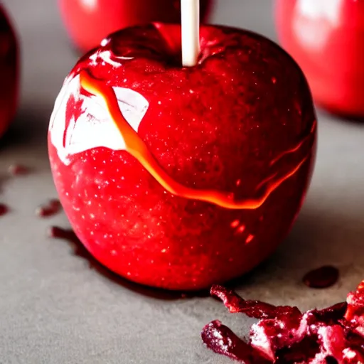 Prompt: candy apple, food photography, cracks of magma, glowing, fire, orange