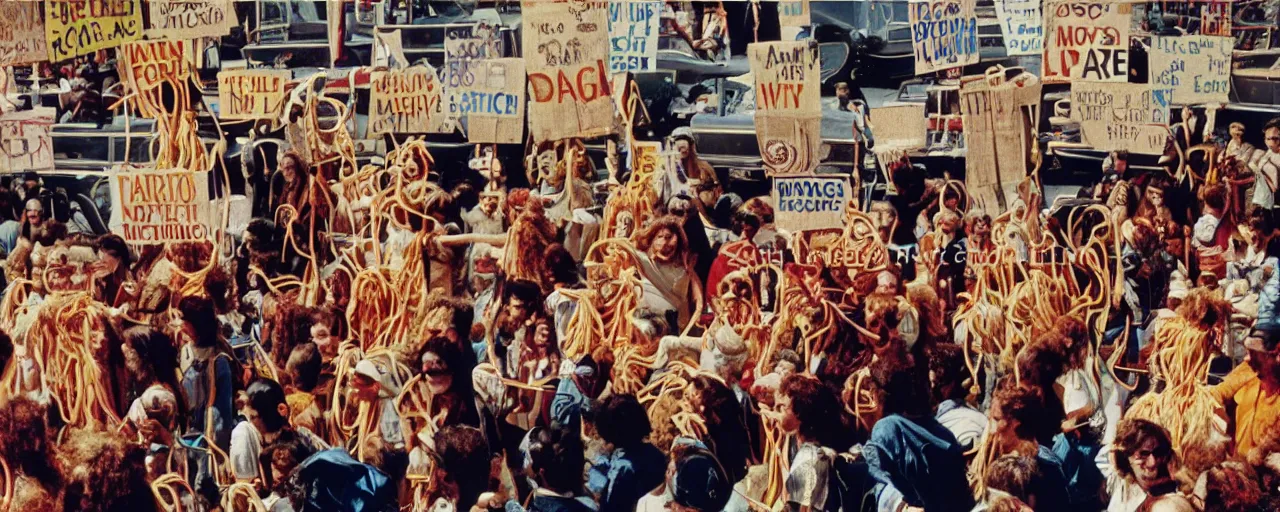 Image similar to hippies protesting with spaghetti signs, 1 9 6 0's,, high detail, canon 5 0 mm, wes anderson film, kodachrome