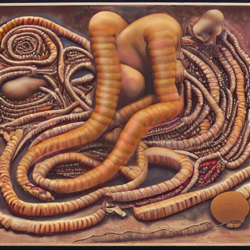 Prompt: constructivist by mati klarwein, by alex maleev, by malcolm teasdale tender. a land art of the human intestine in all its glory. each section of the intestine is labelled, & various items & creatures can be seen inside, such as bacteria, food particles, & even a little mouse.