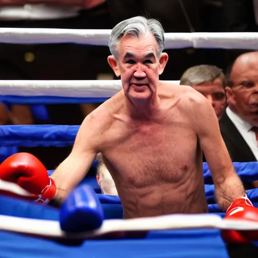 Prompt: Jerome Powell boxing a giant bear