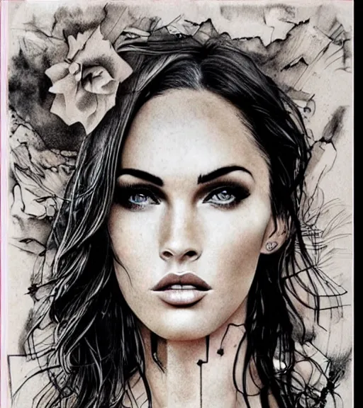 Image similar to double exposure effect tattoo design sketch of megan fox with beautiful mountain scenery, realism tattoo, in the style of matteo pasqualin, amazing detail, sharp