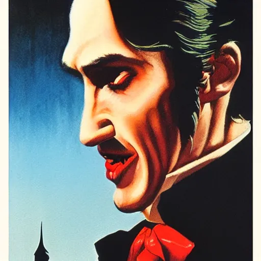 Image similar to photorealistic picture, by bob peak and alex ross, dracula movie poster in 1 9 8 4, gouache and wash paints, fine details, fine intricate, fine facial proportionate, fine body proportionate, fine fix broken line, fine fix duplicate line, smooth focus, sharp details, bokeh, 4 k