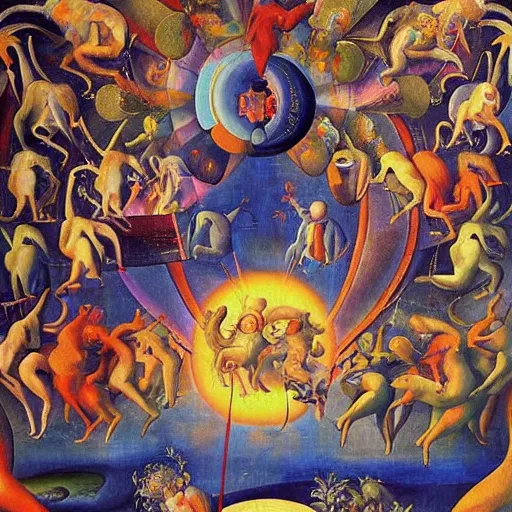 Image similar to a masterpiece apotheosis painting by bosch and greg rutowski and lisa frank