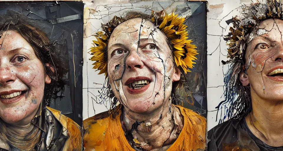 Prompt: a triptych of close up portraits of a very ordinary middle-aged woman with a smiling expression, Anselm Kiefer and Lucian Freud and Jenny Saville, tintype, oil painting, rust, Scaffolding, rusted metal and sunflowers, iron cladding, decay, mixed media, textured, anatomically correct, beautiful perfect face, visible brushstrokes, sharp focus, twisted electrical wire, Highly Detailed, nails, photographic emulsion cracked and peeling, Cinematic Lighting, 8k, HD