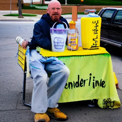 Prompt: Photo of Walter White selling lemonade at a lemonade stand at a school bus stop, taken with a Canon EOS 5D