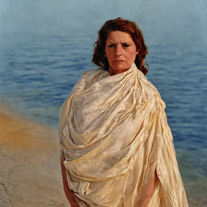 Prompt: closeup portrait of a woman wrapped in bio fabric, standing on shore of zakynthos greece, color photograph, by vincent desiderio, canon eos c 3 0 0, ƒ 1. 8, 3 5 mm, 8 k, medium - format print