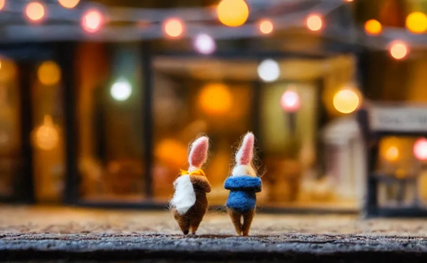 Image similar to miniature cafe diorama macro photography, cafe with felted bunnies, alleyway, ambient, atmospheric, british, cozy, bokeh, romantic, colorful lanterns