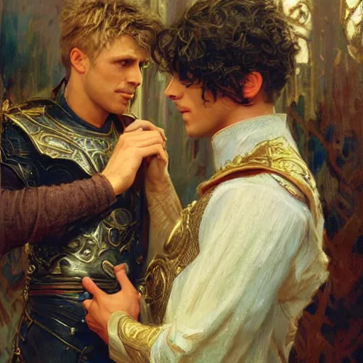 Image similar to attractive arthur pendragon confesses his love to attractive male merlin. highly detailed painting by gaston bussiere, craig mullins, j. c. leyendecker 8 k