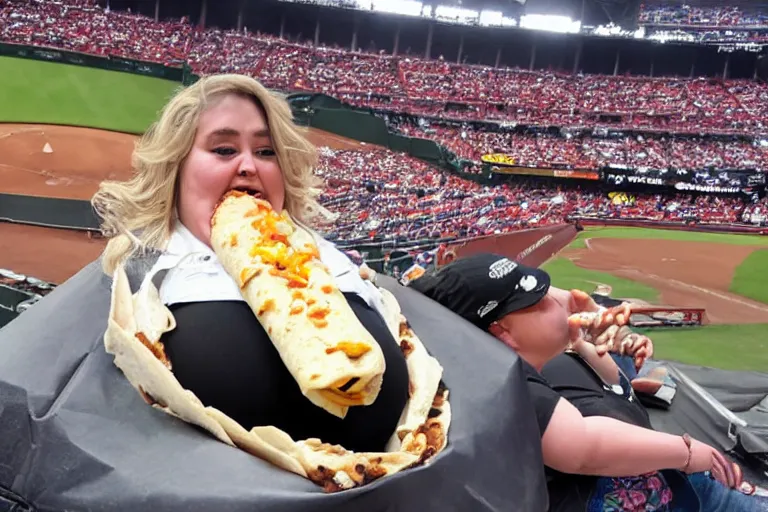 Image similar to obese woman eating a giant burrito sitting at a baseball game, photograph,