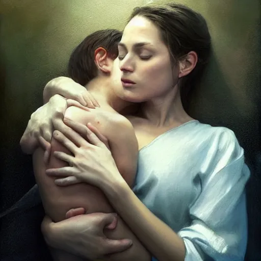 Image similar to epic masterpiece of cinematographic hyperrealism where a heart of love appears inside the heart there is a mother hugging her son. realistic shaded lighting poster by craig mallismo, artgerm, jeremy lipkin and michael garmash, unreal engine, radiant light, detailed and intricate environment, digital art, art station trends