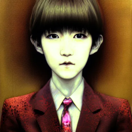 Image similar to yoshitaka amano blurred and dreamy realistic three quarter angle portrait of a young woman with short hair and black eyes wearing office suit with tie, junji ito abstract patterns in the background, satoshi kon anime, noisy film grain effect, highly detailed, renaissance oil painting, weird portrait angle, blurred lost edges