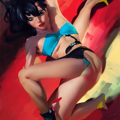 Image similar to pinup overwatch tracer in a red bikini thong, artwork by greg manchess, medium shot, asymmetrical, organic painting, sunny day, matte painting, bold shapes, hard edges, street art, trending on artstation, by huang guangjian and gil elvgren and sachin teng
