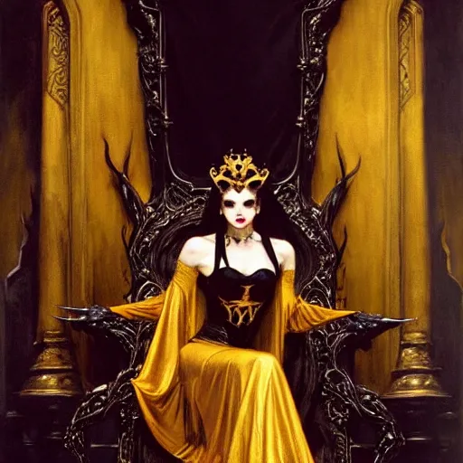 Image similar to perfectly centered portrait of attractive vampire queen in gold gothic robe sitting on a throne of black bones, painting by gaston bussiere, craig mullins, j. c. leyendecker, 8 k, mid shot