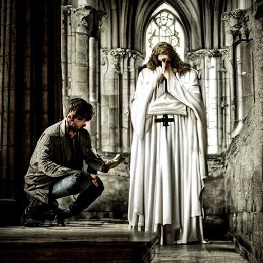 Image similar to angel protecting man who is praying inside a gothic church, cinematic style, 4K highly detailed, light studio style