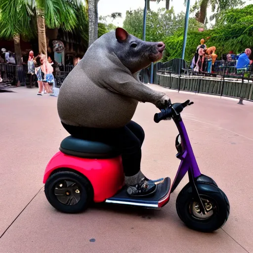 Prompt: morbidly obese rat riding a mobility scooter at disneyworld, photo